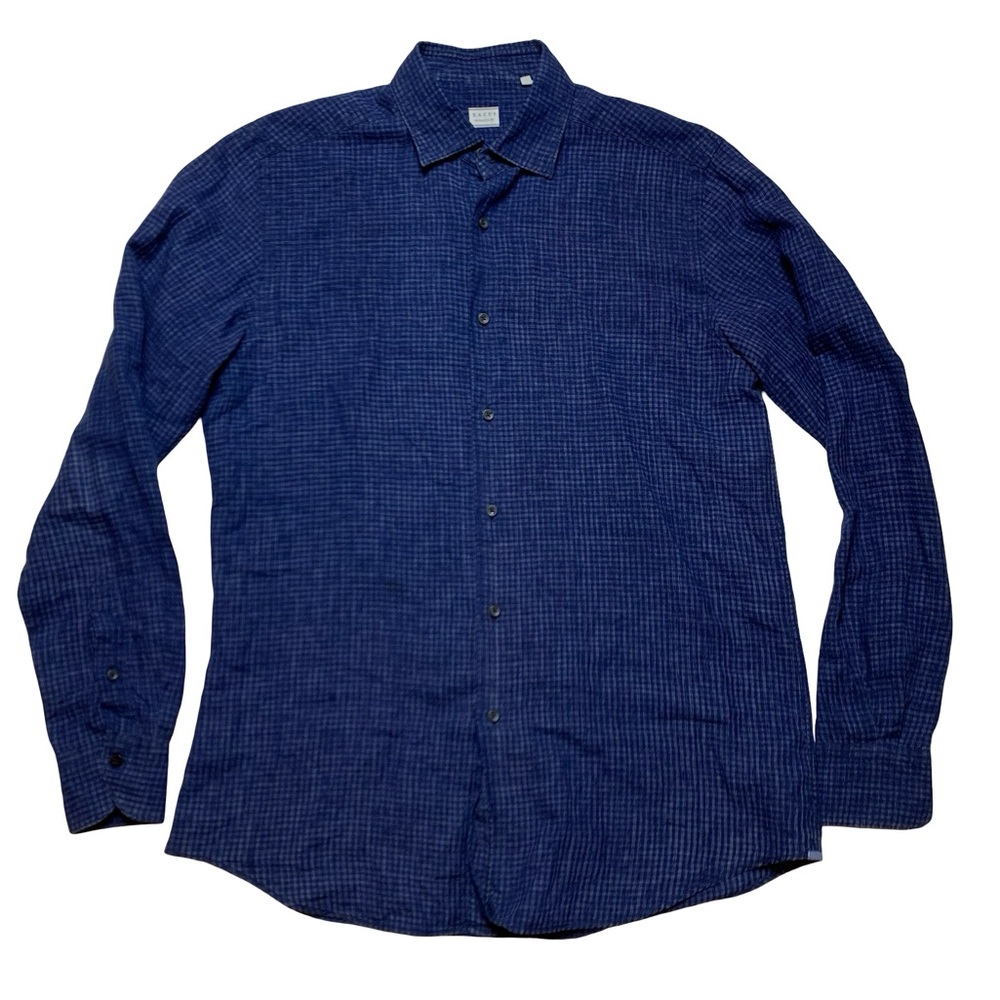 Xacus Blue Button Down 100% Linen US Mens Size L Made in Italy 40 Neck 15 3/4